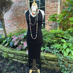 Vtg Kroshetta by Papillon Black Crochet Beaded Bodycon Halter Dress Sz L